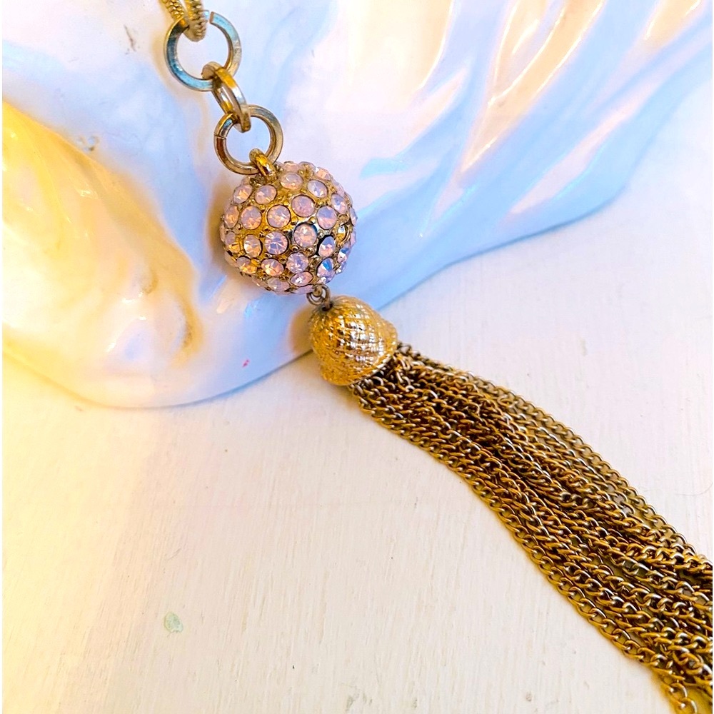 Long Elegant Gold Tassel Pink Rhinestone Ball Necklace; perfect 💒 & Events